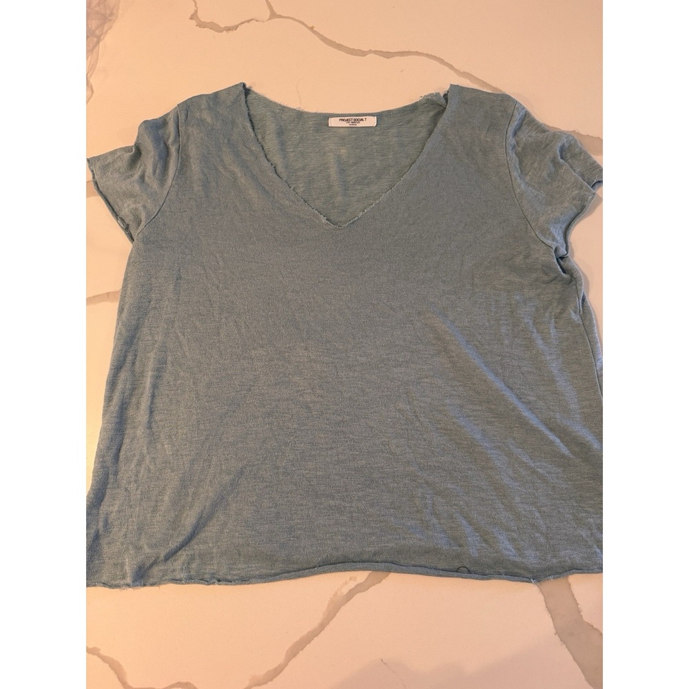 Project Social  Tee Exposed Seam Raw Hem Blue Womens Medium‎  V Neck